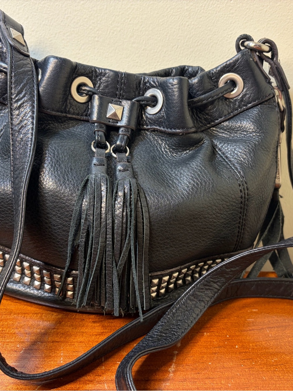 B. Makowsky Black Leather Fringe Studded Hobo Crossbody Bag Luxury Black NEW